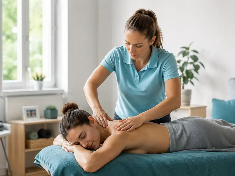 Kinésithérapeute réalisant une séance de thérapie manuelle à domicile au domicile du patient