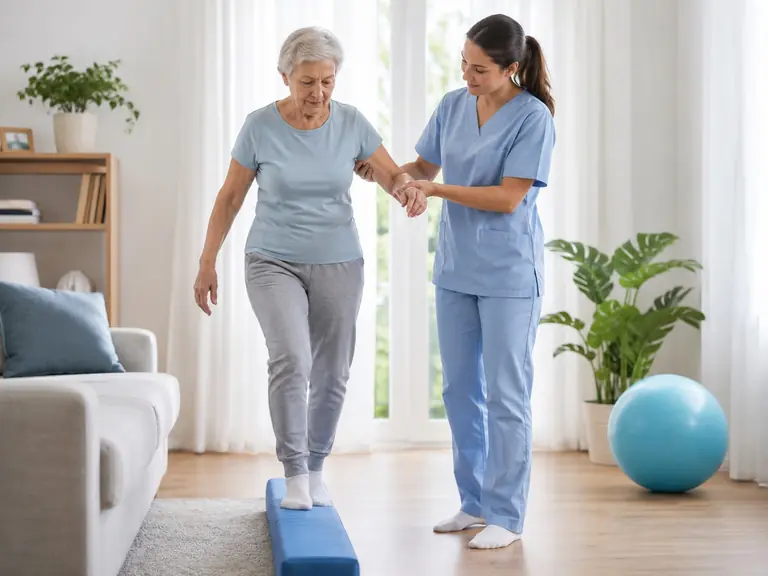 Kinésithérapeute réalisant une séance de rééducation marche et équilibre au domicile du patient